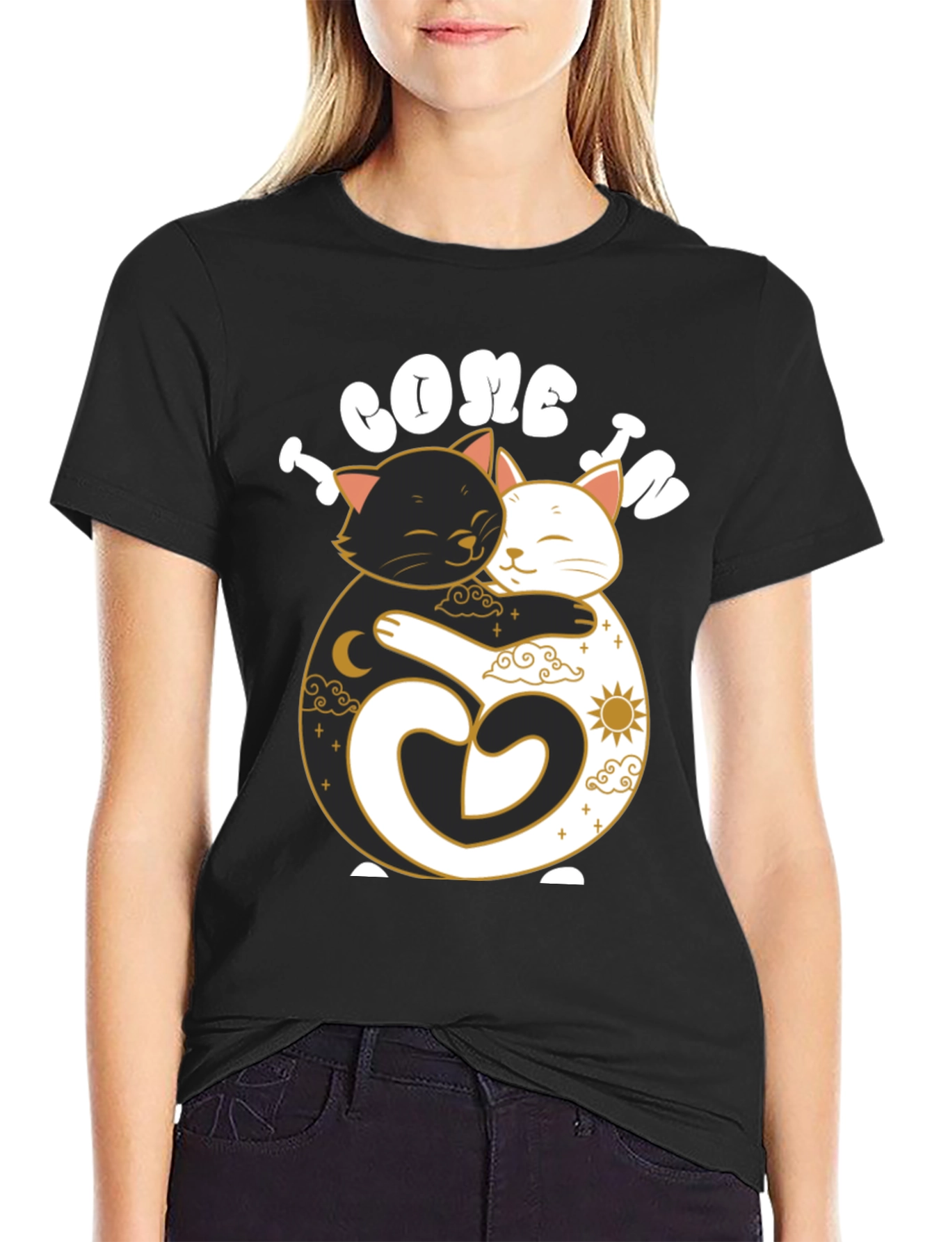 Yin Yang Cats Hugging Graphic Tee - Unisex Black T-Shirt