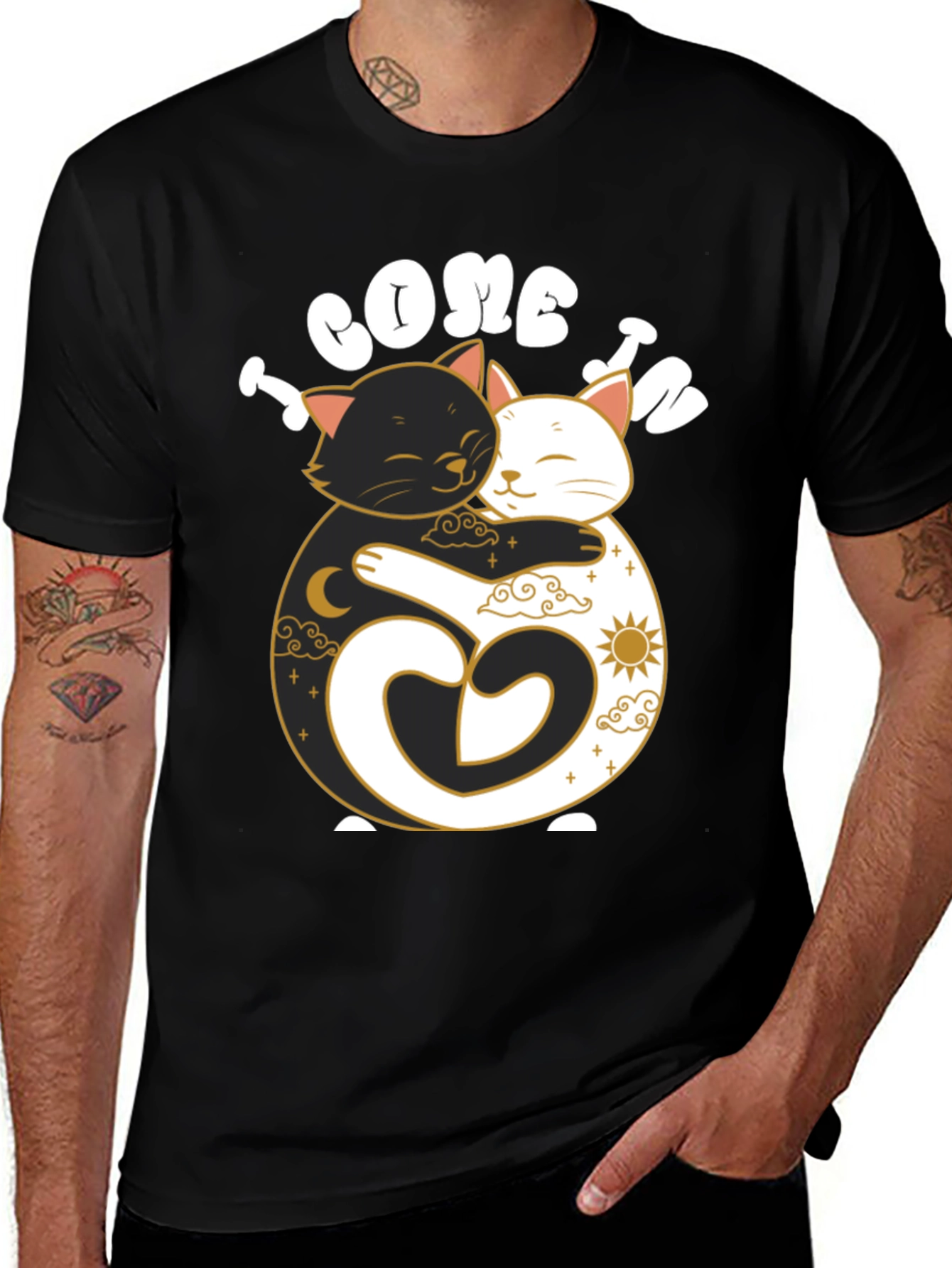 Yin Yang Cats Hugging Graphic Tee - Unisex Black T-Shirt