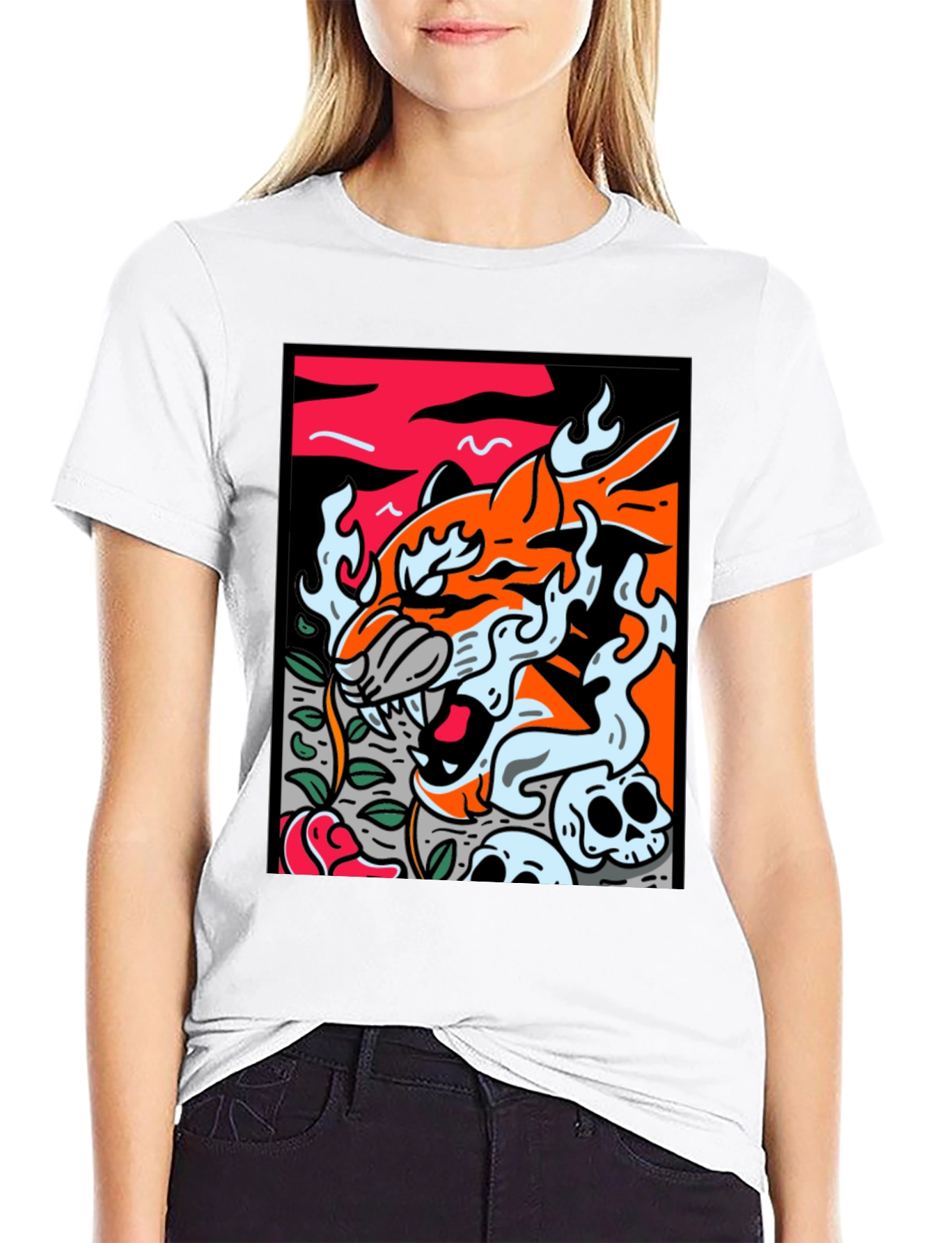 Graphic Tee - Tiger Skulls and Rose Design