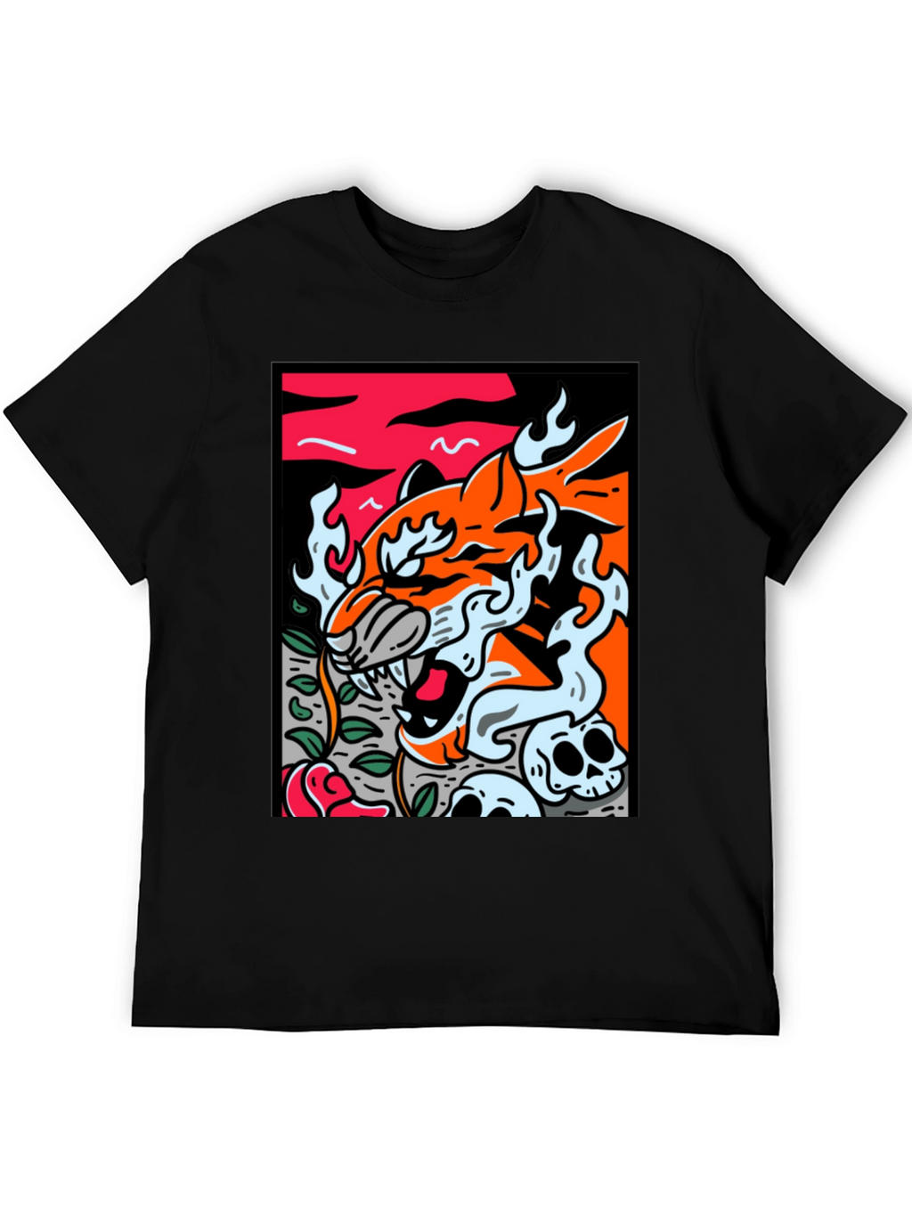 Graphic Tee - Tiger Skulls and Rose Design