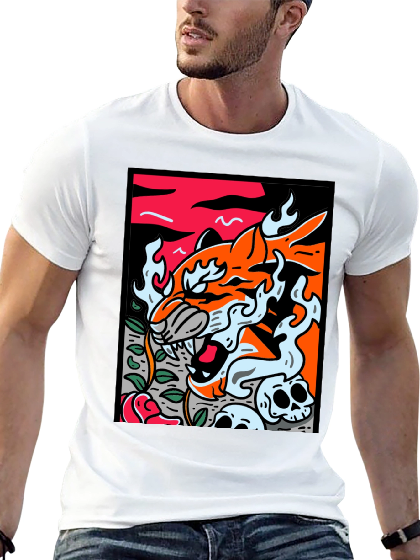 Graphic Tee - Tiger Skulls and Rose Design