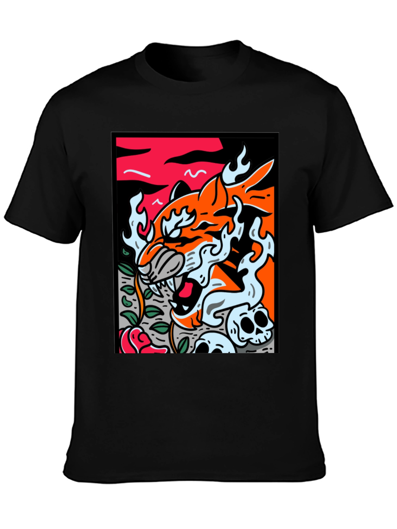 Graphic Tee - Tiger Skulls and Rose Design