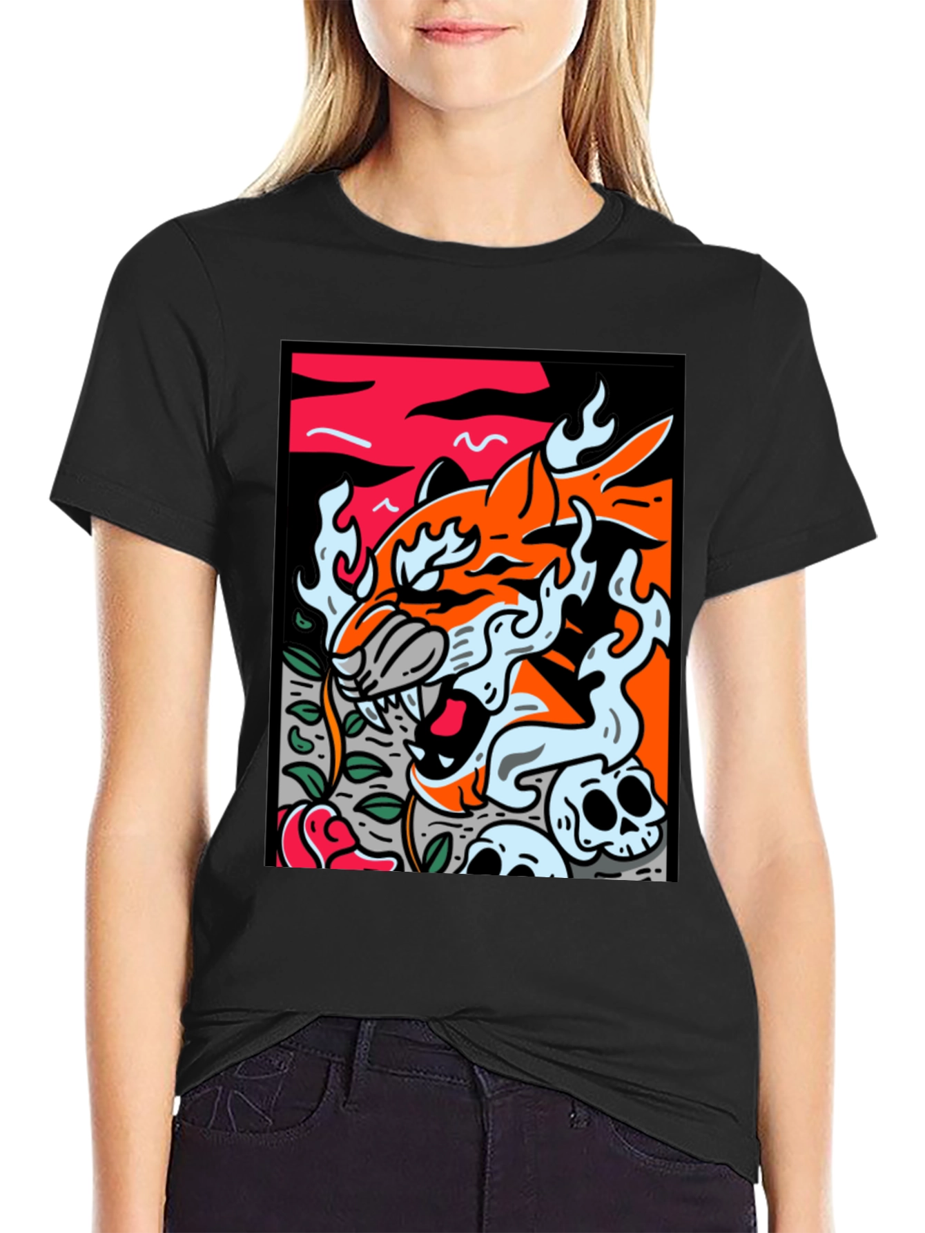 Graphic Tee - Tiger Skulls and Rose Design