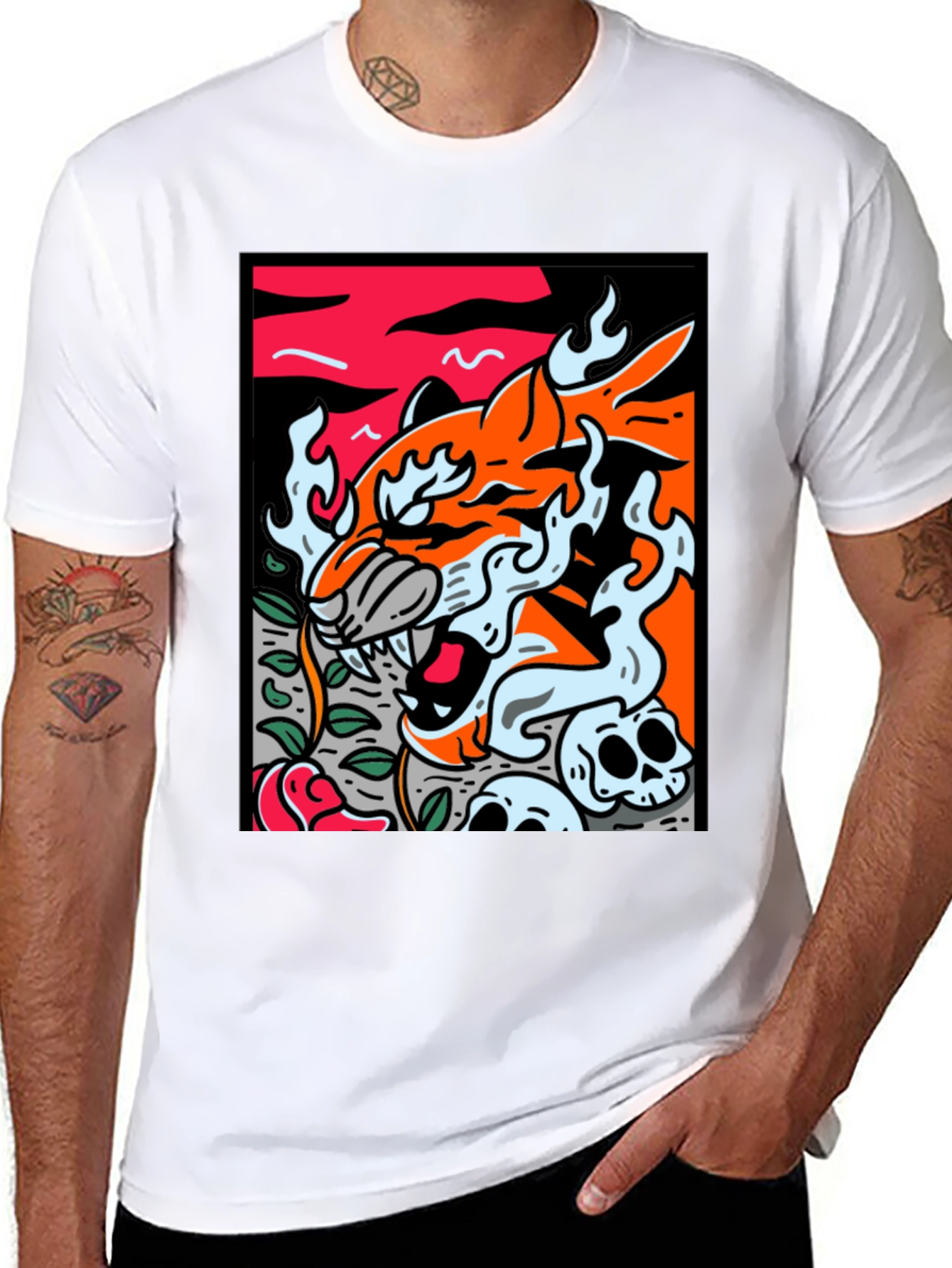 Graphic Tee - Tiger Skulls and Rose Design