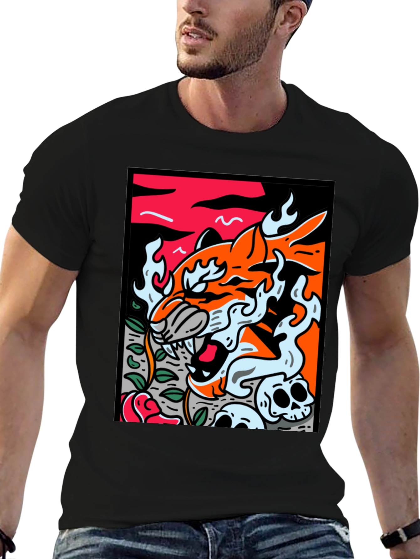 Graphic Tee - Tiger Skulls and Rose Design