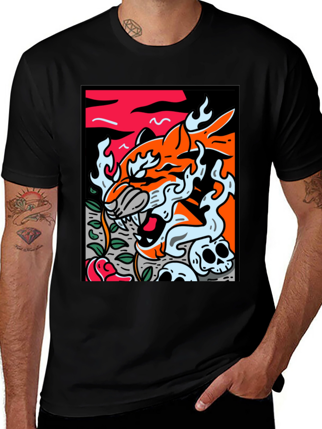Graphic Tee - Tiger Skulls and Rose Design