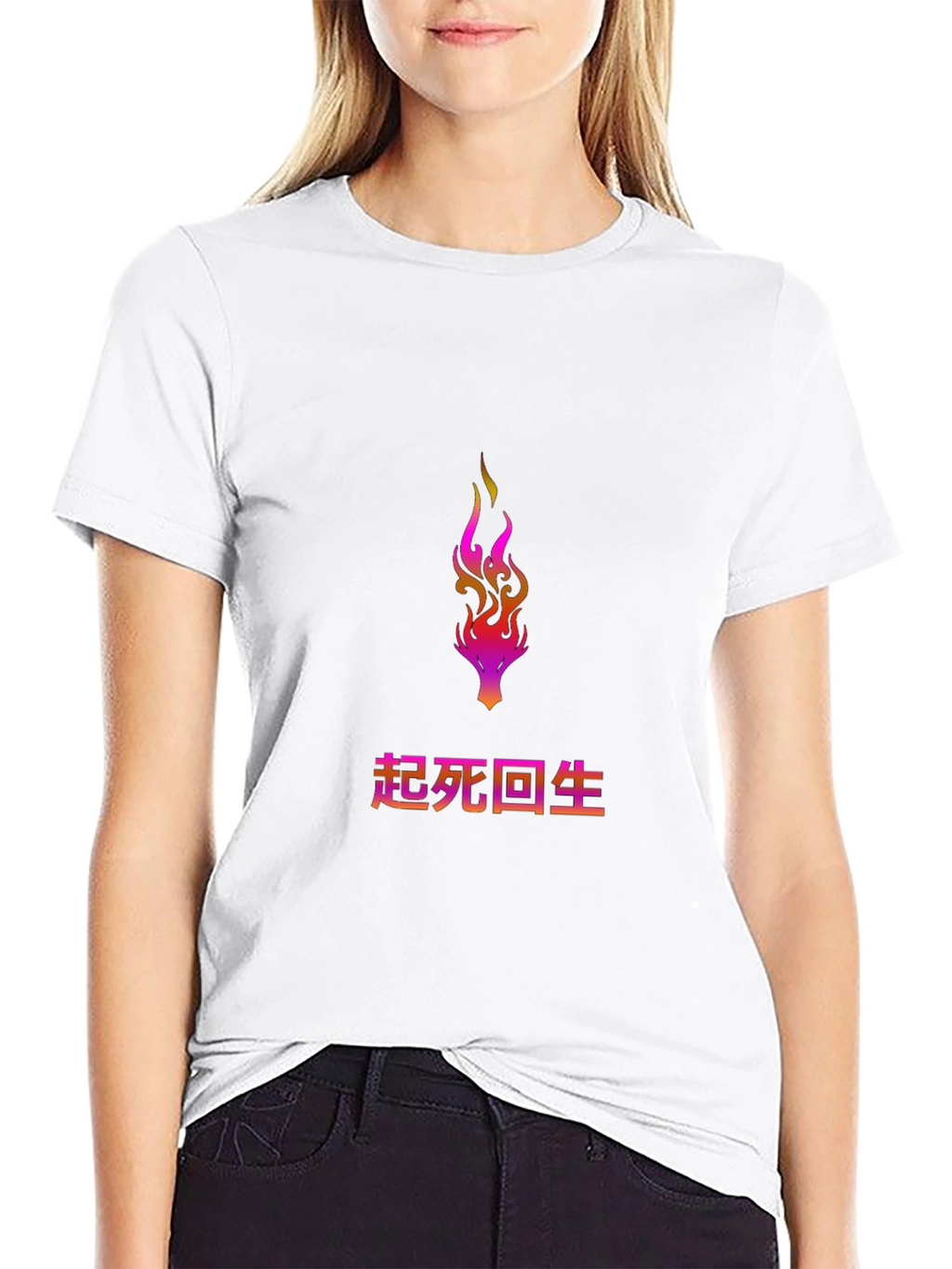 Black T-Shirt with Flame & Oriental Text Graphic