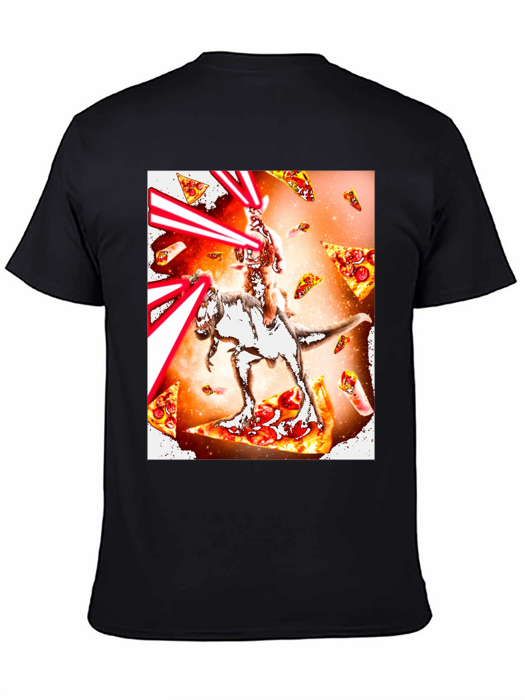Cat Riding Dinosaur Pizza Laser T-Shirt