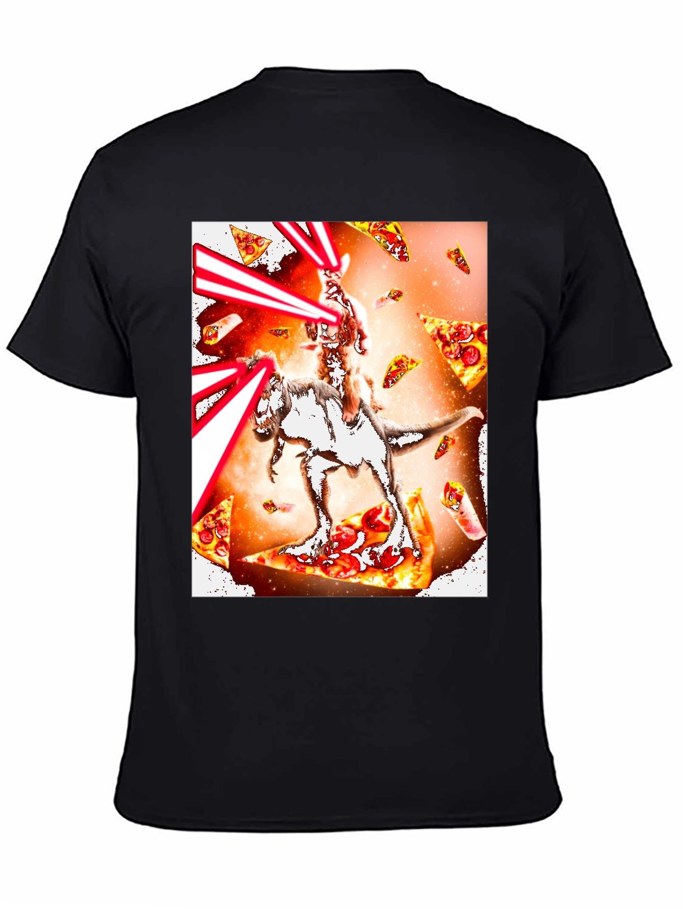 Cat Riding Dinosaur Pizza Laser T-Shirt