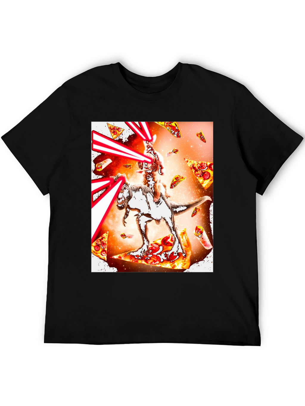 Cat Riding Dinosaur Pizza Laser T-Shirt