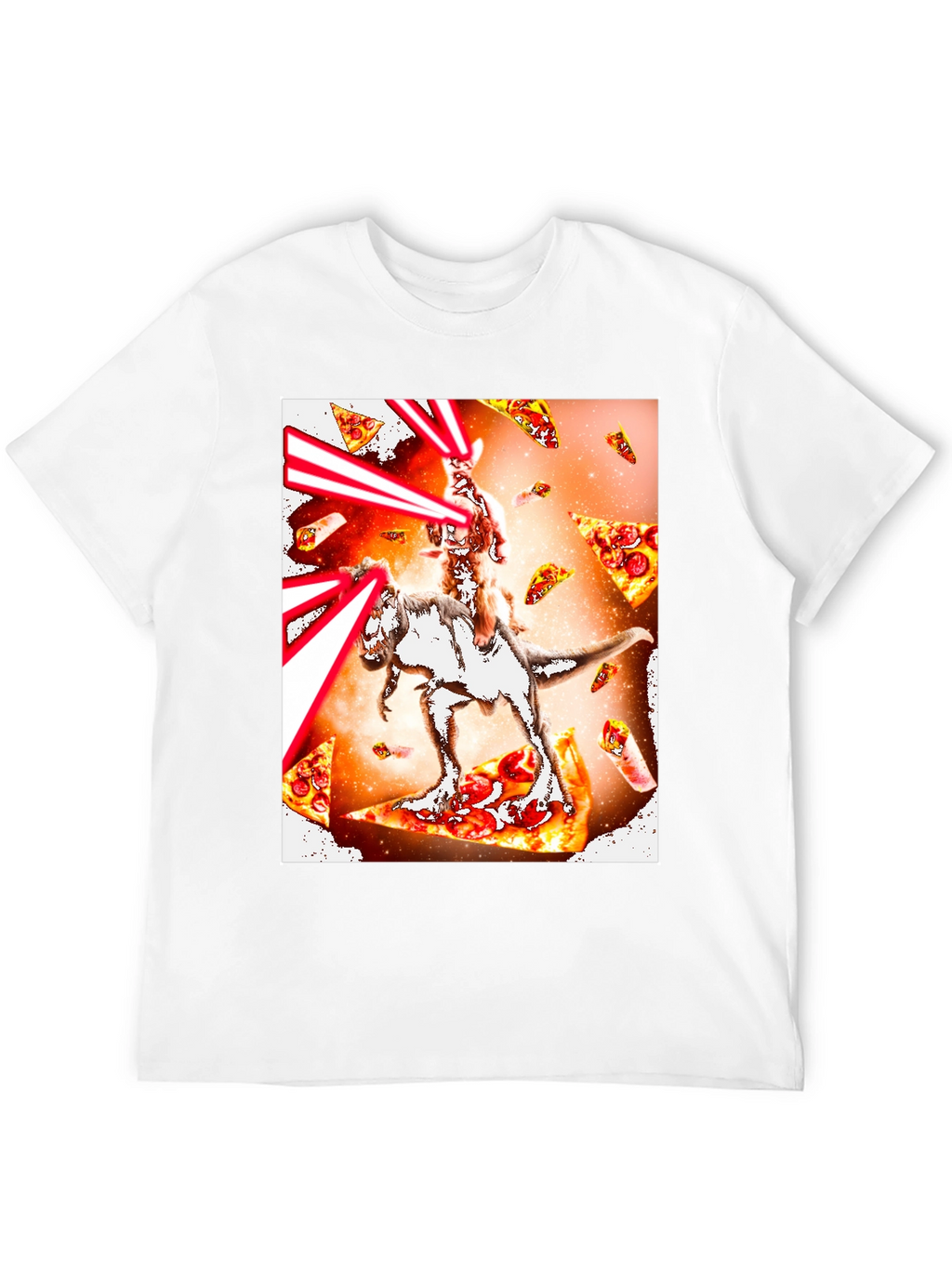 Cat Riding Dinosaur Pizza Laser T-Shirt