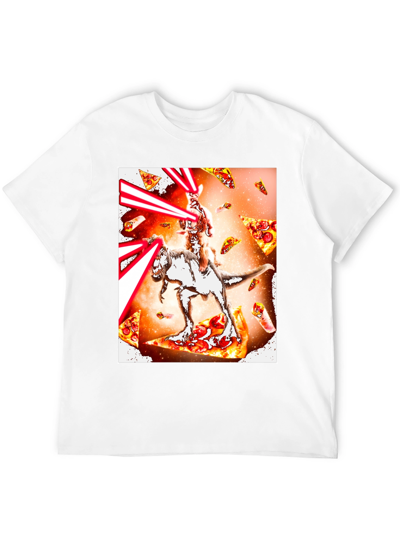 Cat Riding Dinosaur Pizza Laser T-Shirt