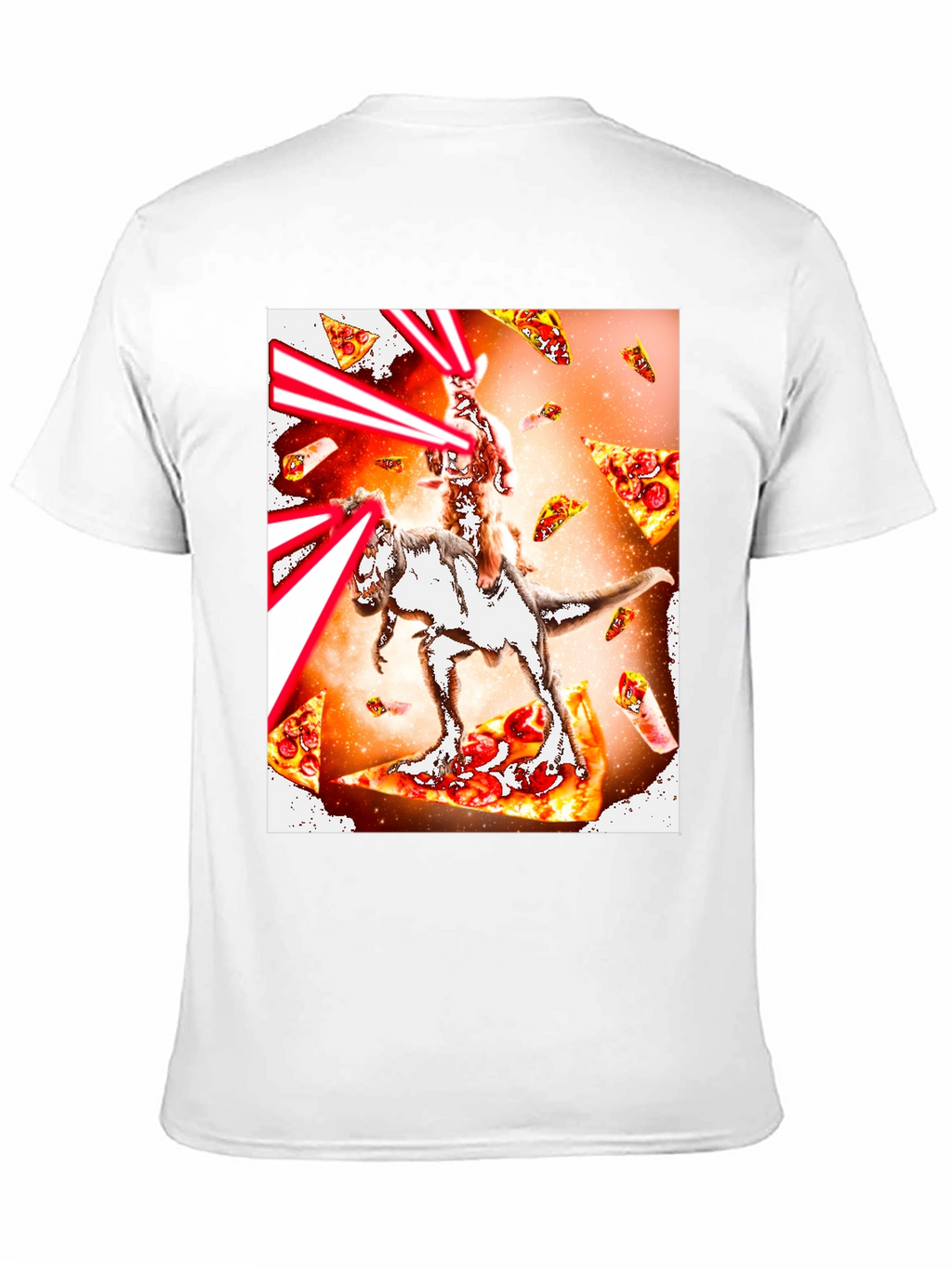 Cat Riding Dinosaur Pizza Laser T-Shirt