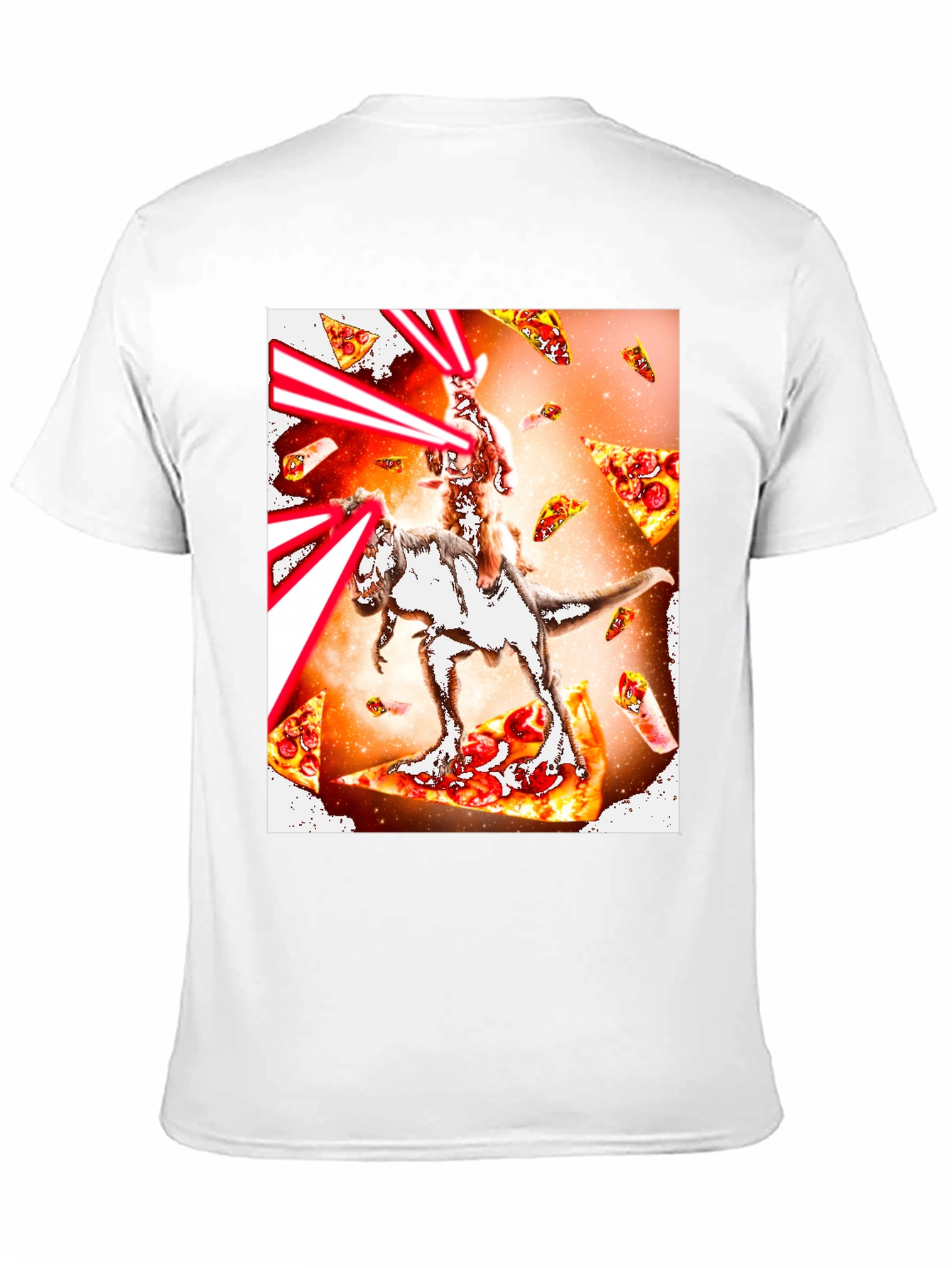 Cat Riding Dinosaur Pizza Laser T-Shirt