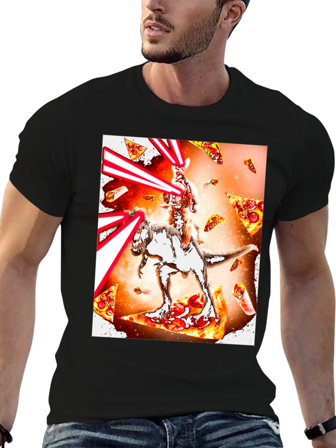 Cat Riding Dinosaur Pizza Laser T-Shirt