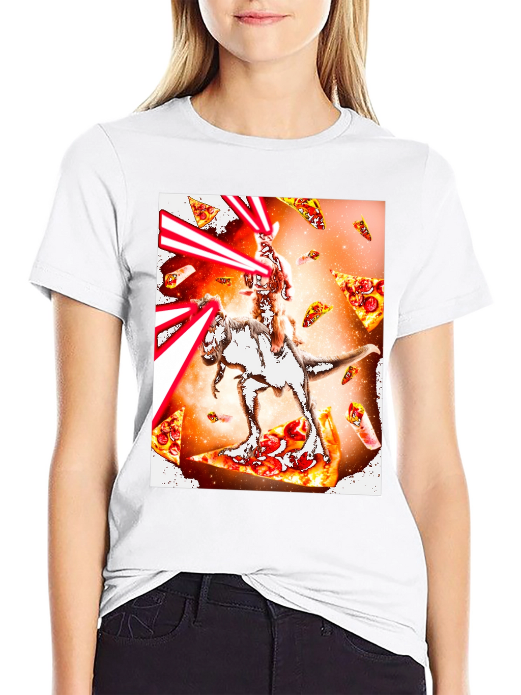 Cat Riding Dinosaur Pizza Laser T-Shirt