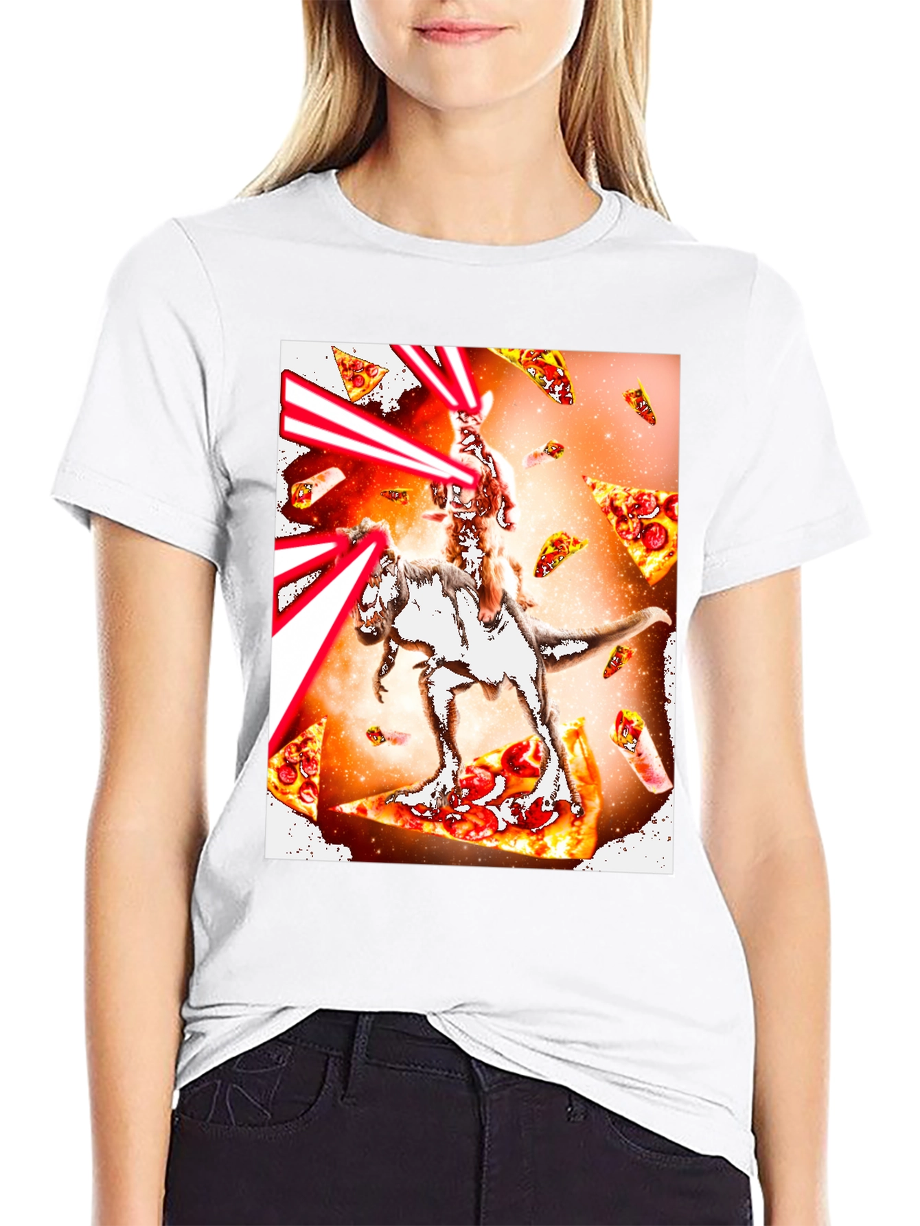 Cat Riding Dinosaur Pizza Laser T-Shirt