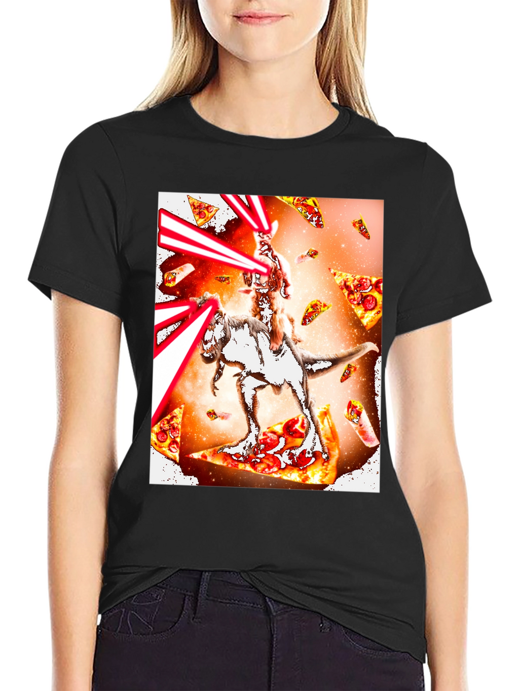 Cat Riding Dinosaur Pizza Laser T-Shirt