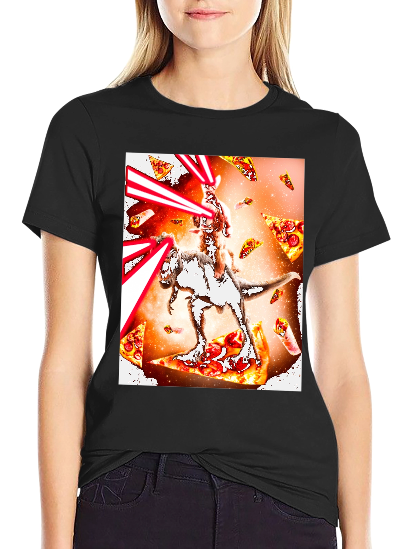 Cat Riding Dinosaur Pizza Laser T-Shirt