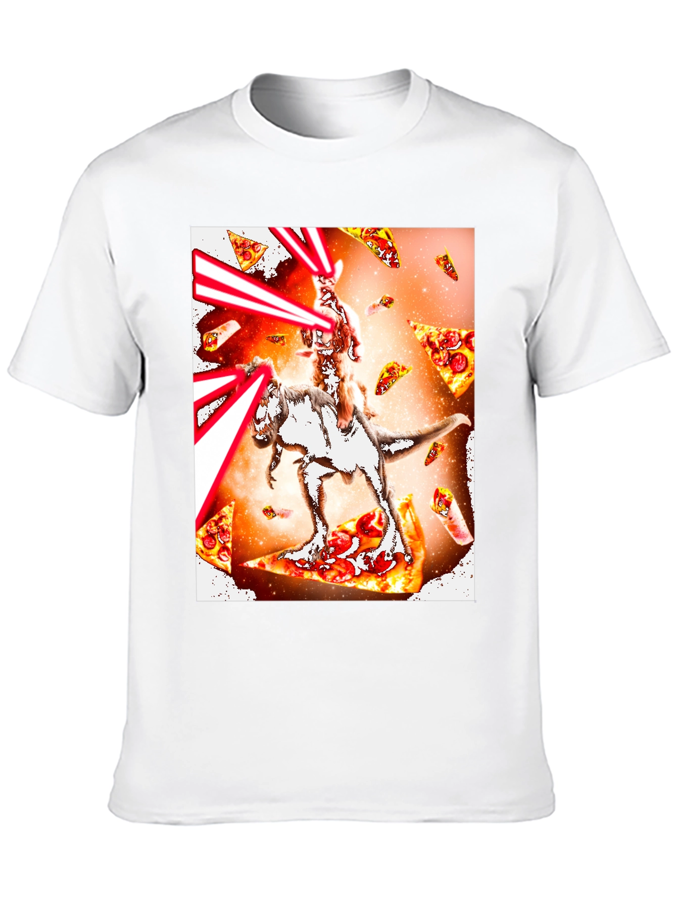 Cat Riding Dinosaur Pizza Laser T-Shirt