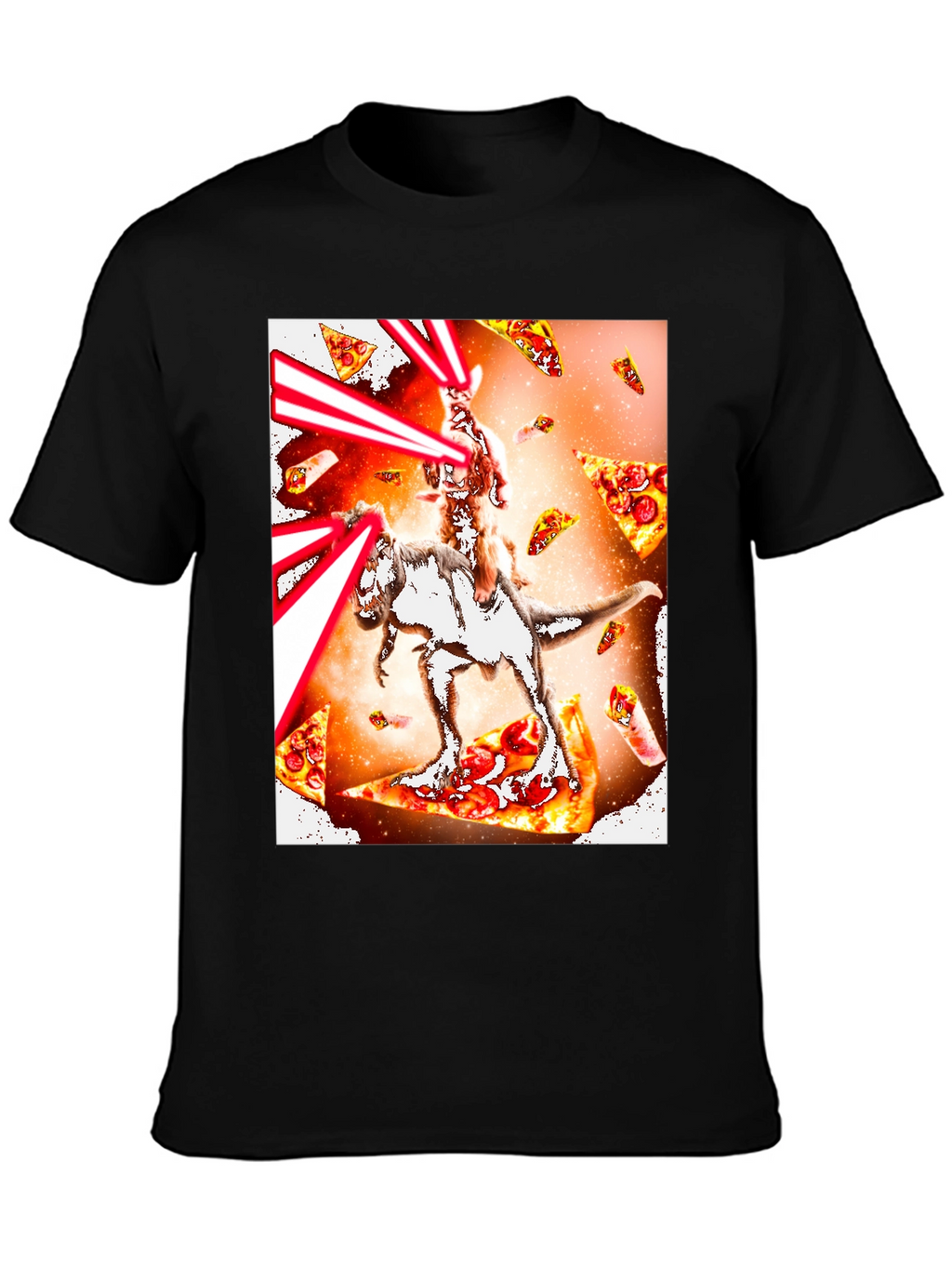 Cat Riding Dinosaur Pizza Laser T-Shirt