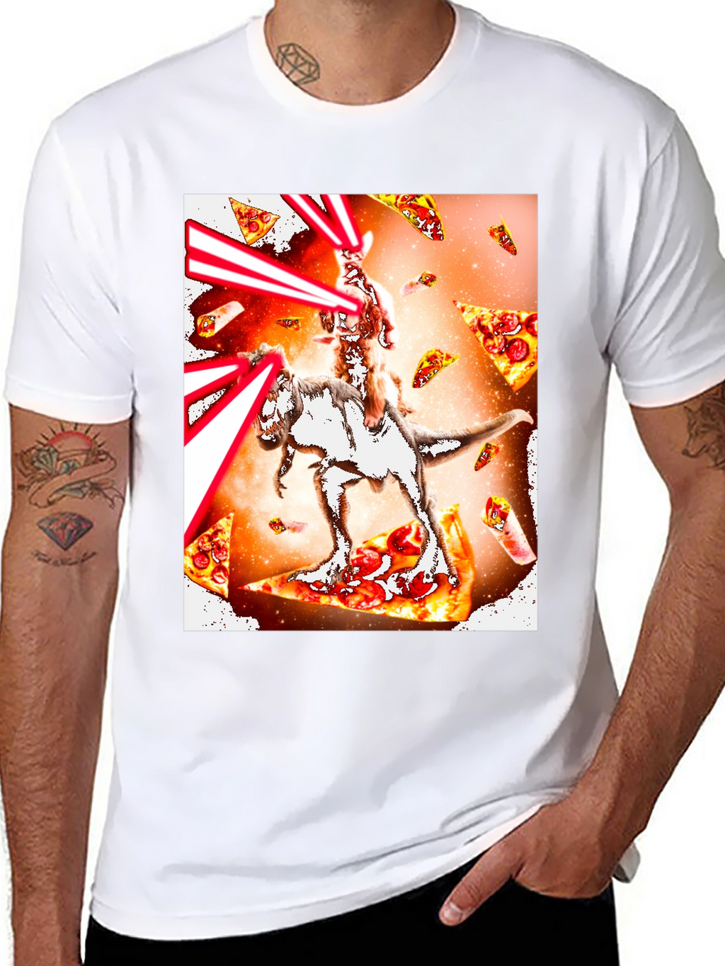 Cat Riding Dinosaur Pizza Laser T-Shirt