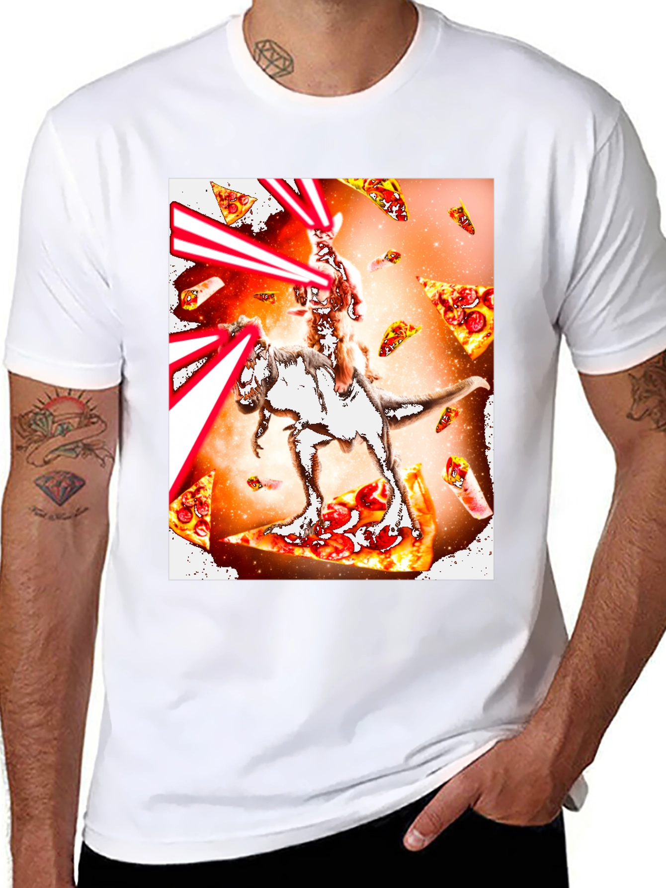 Cat Riding Dinosaur Pizza Laser T-Shirt