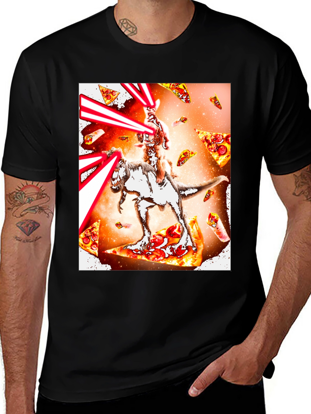 Cat Riding Dinosaur Pizza Laser T-Shirt