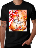 Cat Riding Dinosaur Pizza Laser T-Shirt