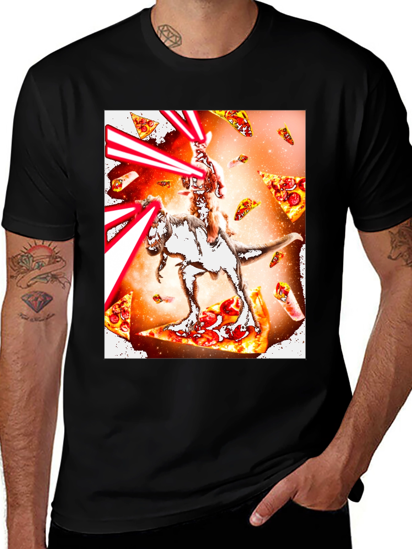 Cat Riding Dinosaur Pizza Laser T-Shirt