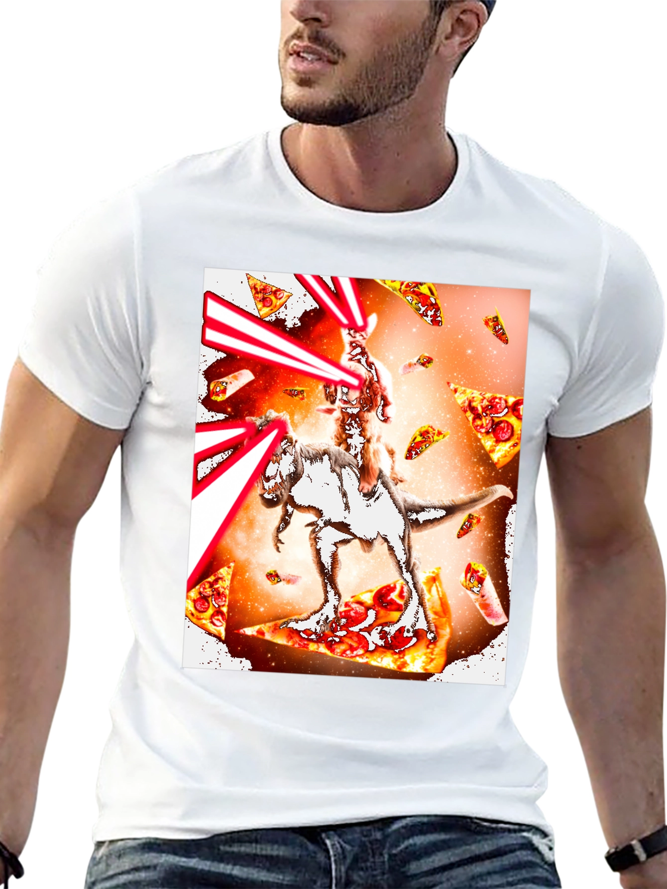 Cat Riding Dinosaur Pizza Laser T-Shirt