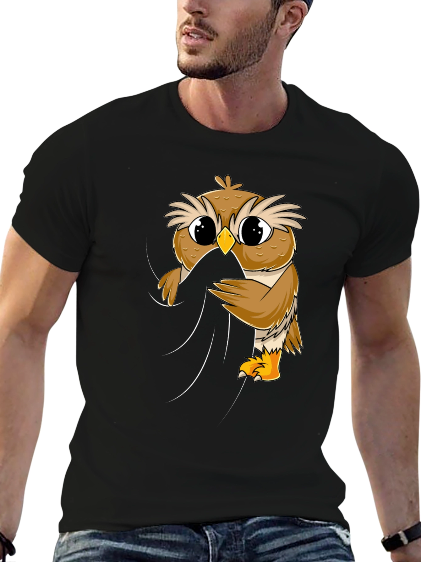Cute Owl Peeking Black T-Shirt