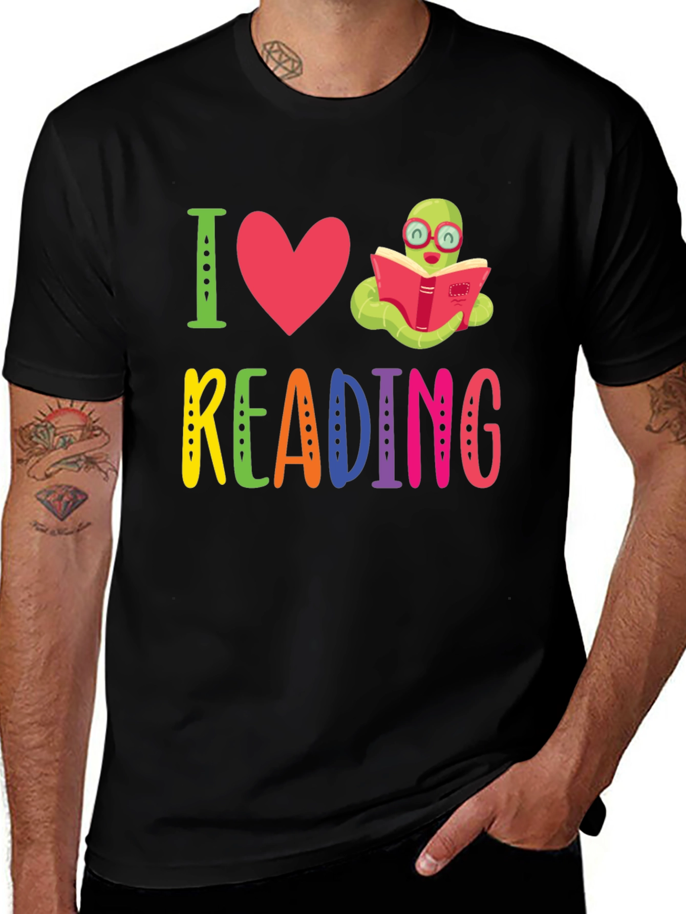 I Love Reading T-Shirt with Bookworm Design