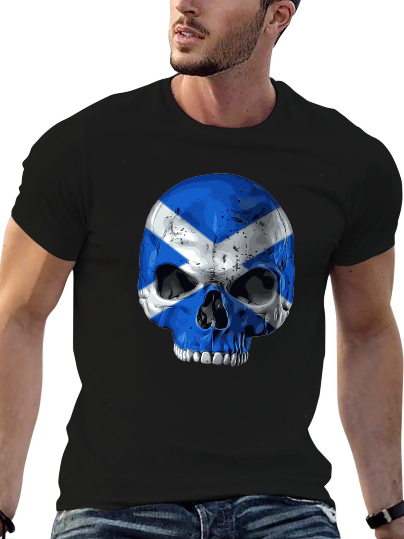 Scottish Flag Skull Graphic Black T-Shirt