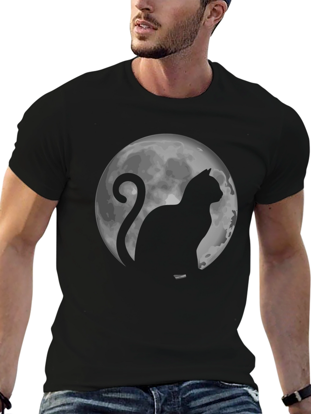 Cat & Moon Graphic Tee - Black Cotton T-Shirt