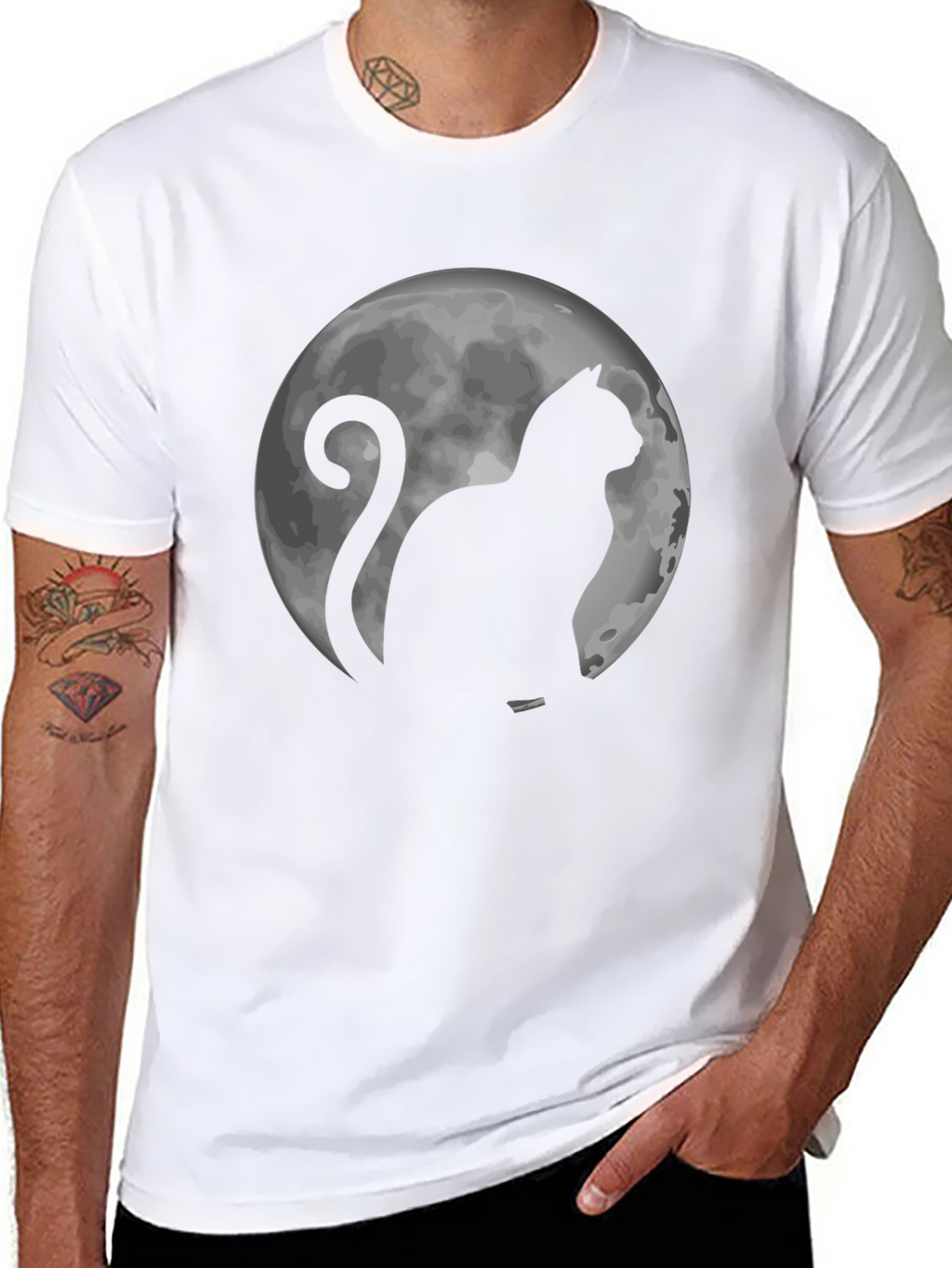 Cat & Moon Graphic Tee - Black Cotton T-Shirt