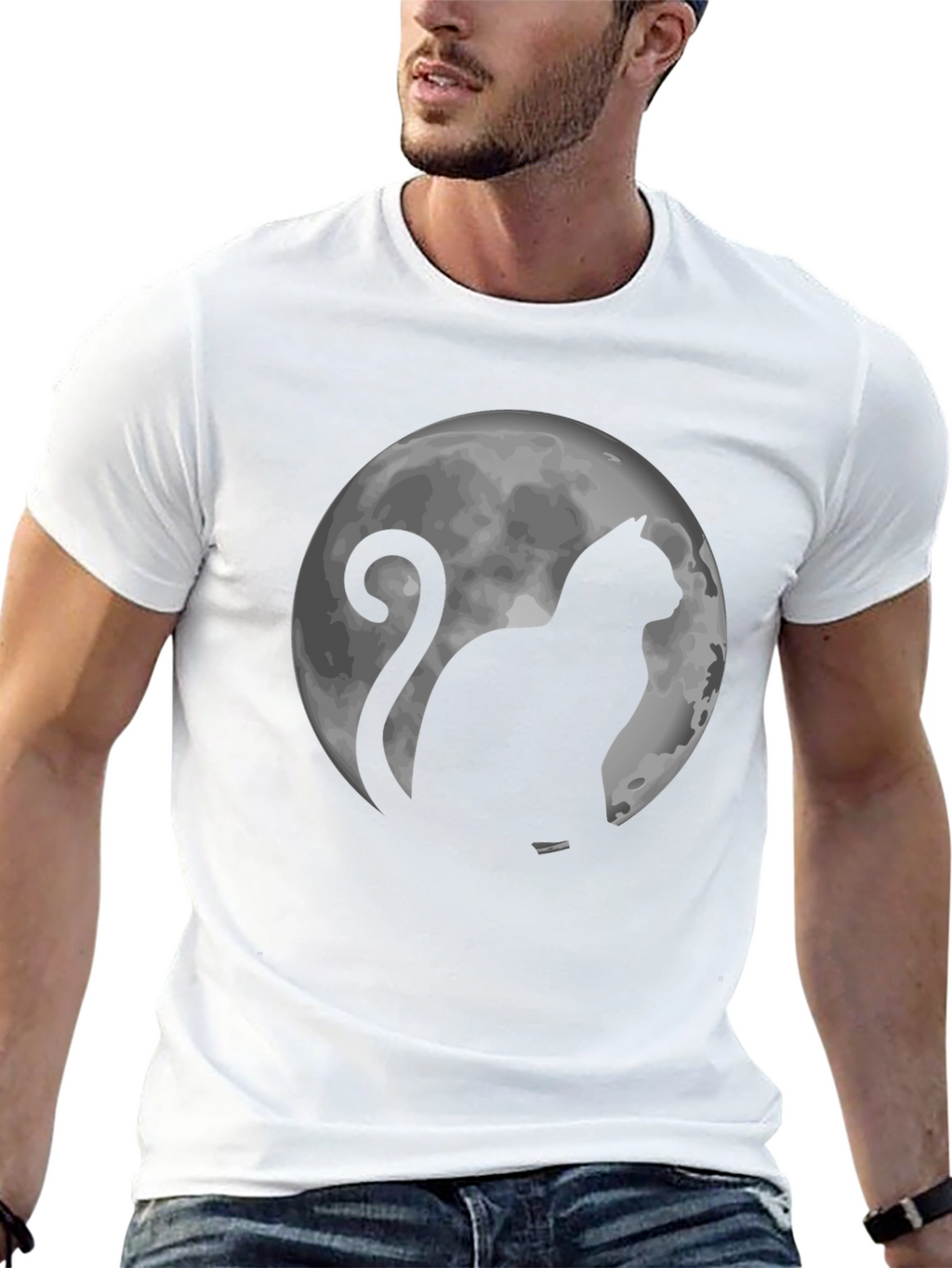 Cat & Moon Graphic Tee - Black Cotton T-Shirt