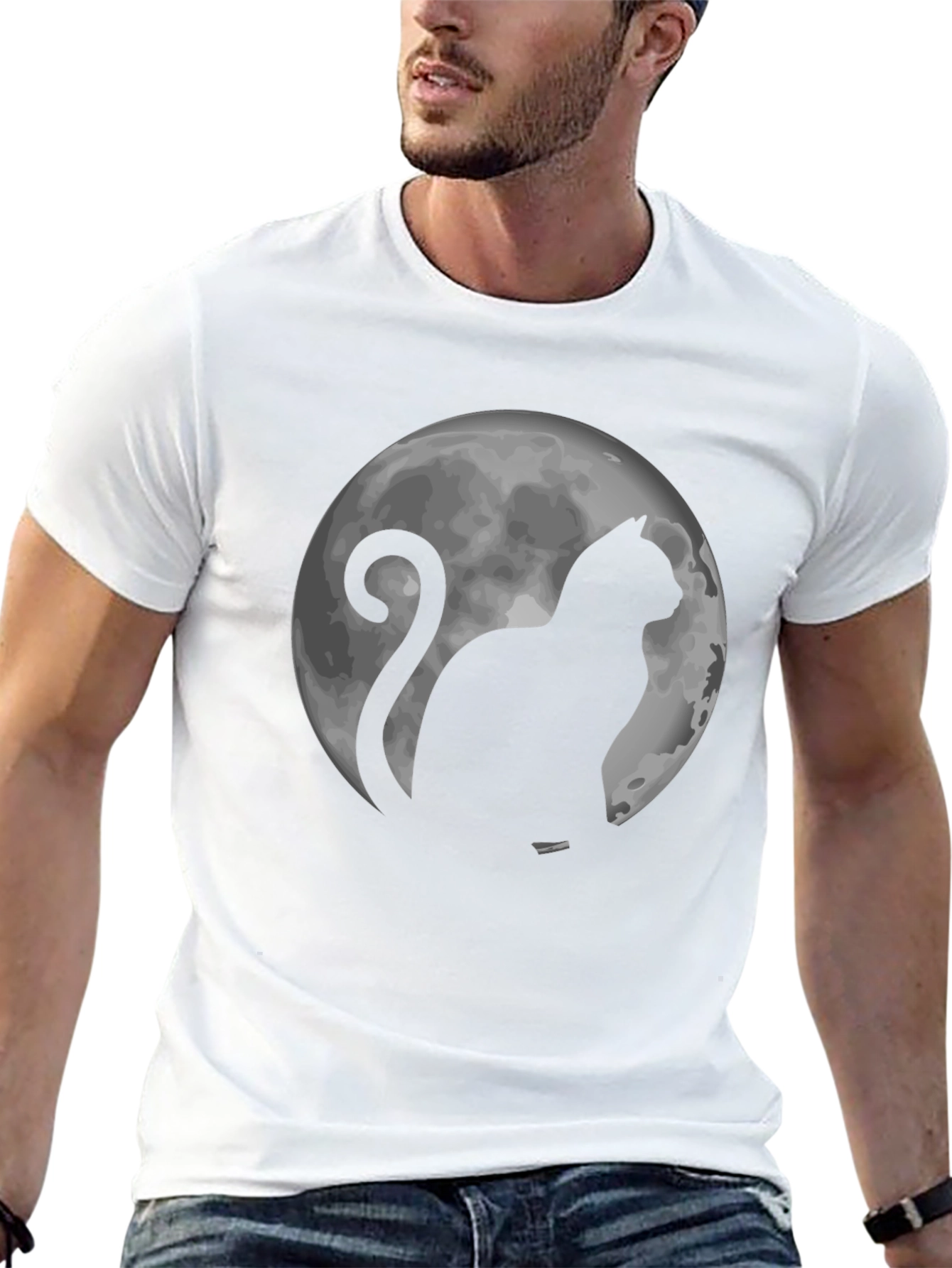 Cat & Moon Graphic Tee - Black Cotton T-Shirt