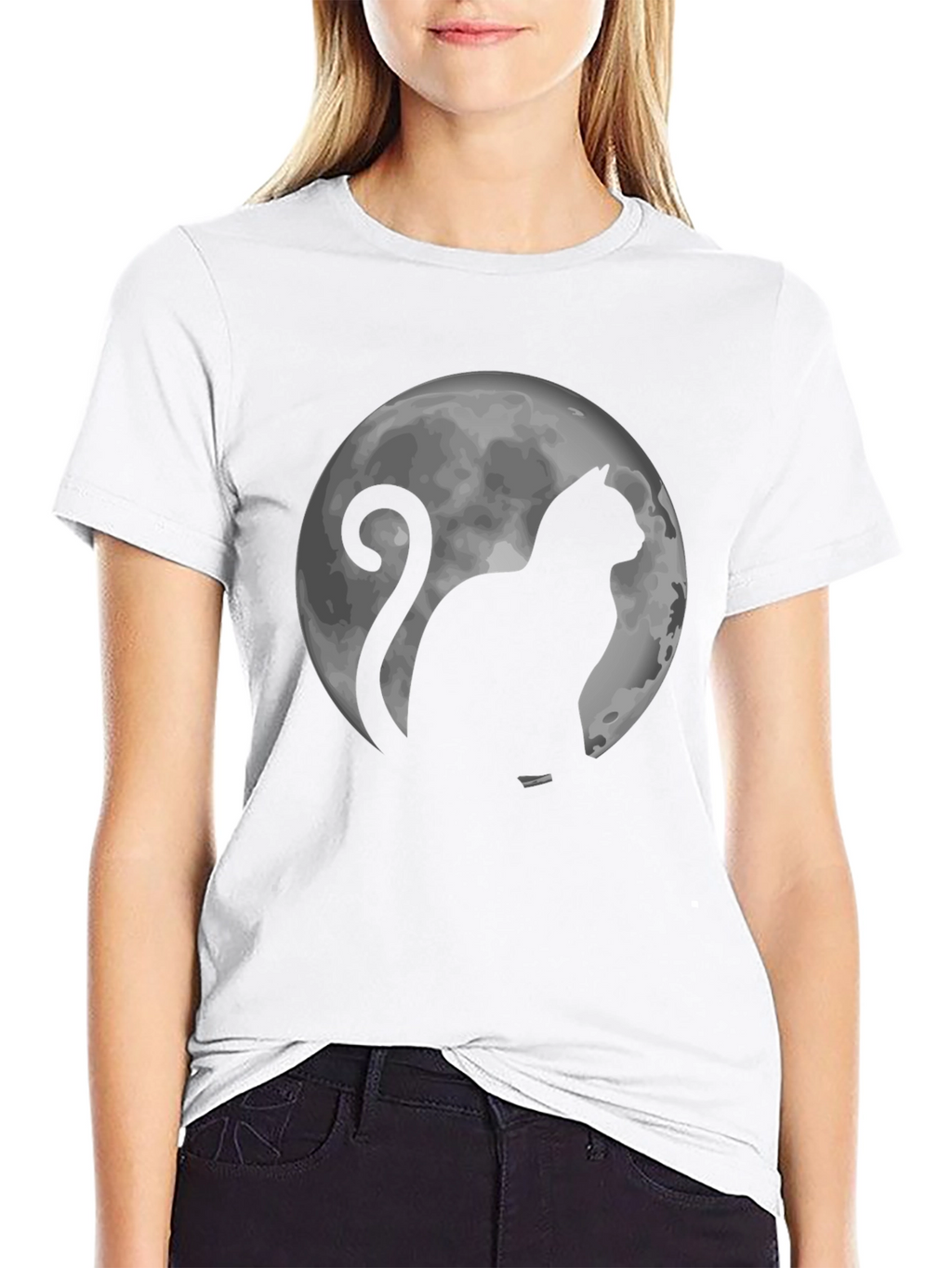 Cat & Moon Graphic Tee - Black Cotton T-Shirt