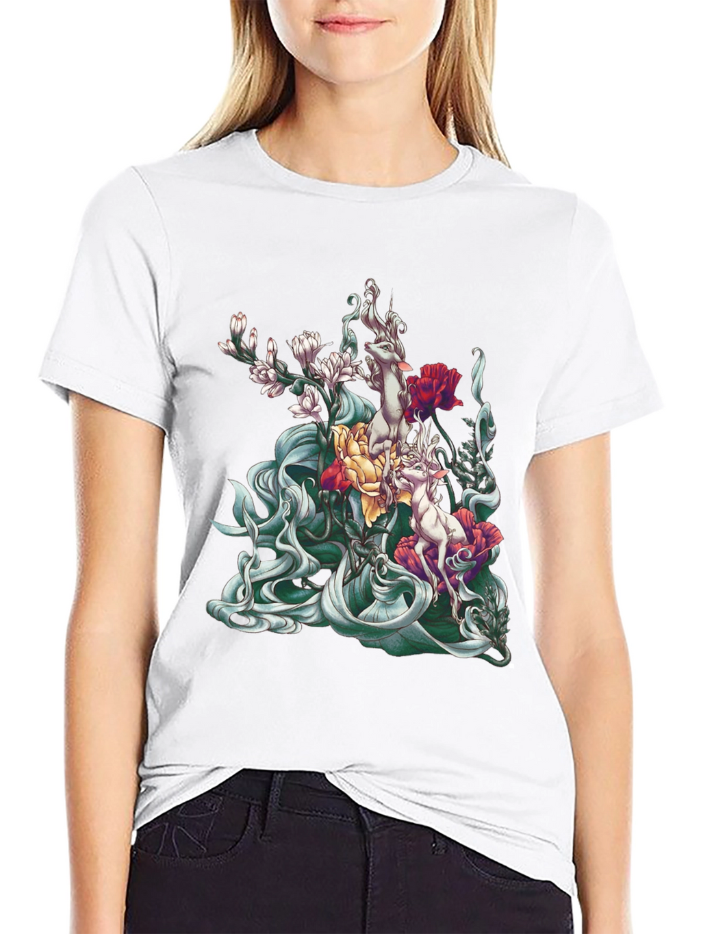 Floral Deer Graphic Tee - Unique Black T-Shirt