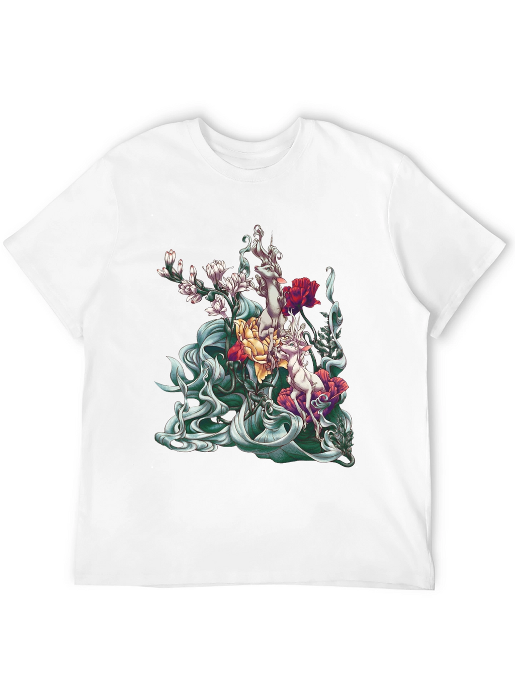 Floral Deer Graphic Tee - Unique Black T-Shirt