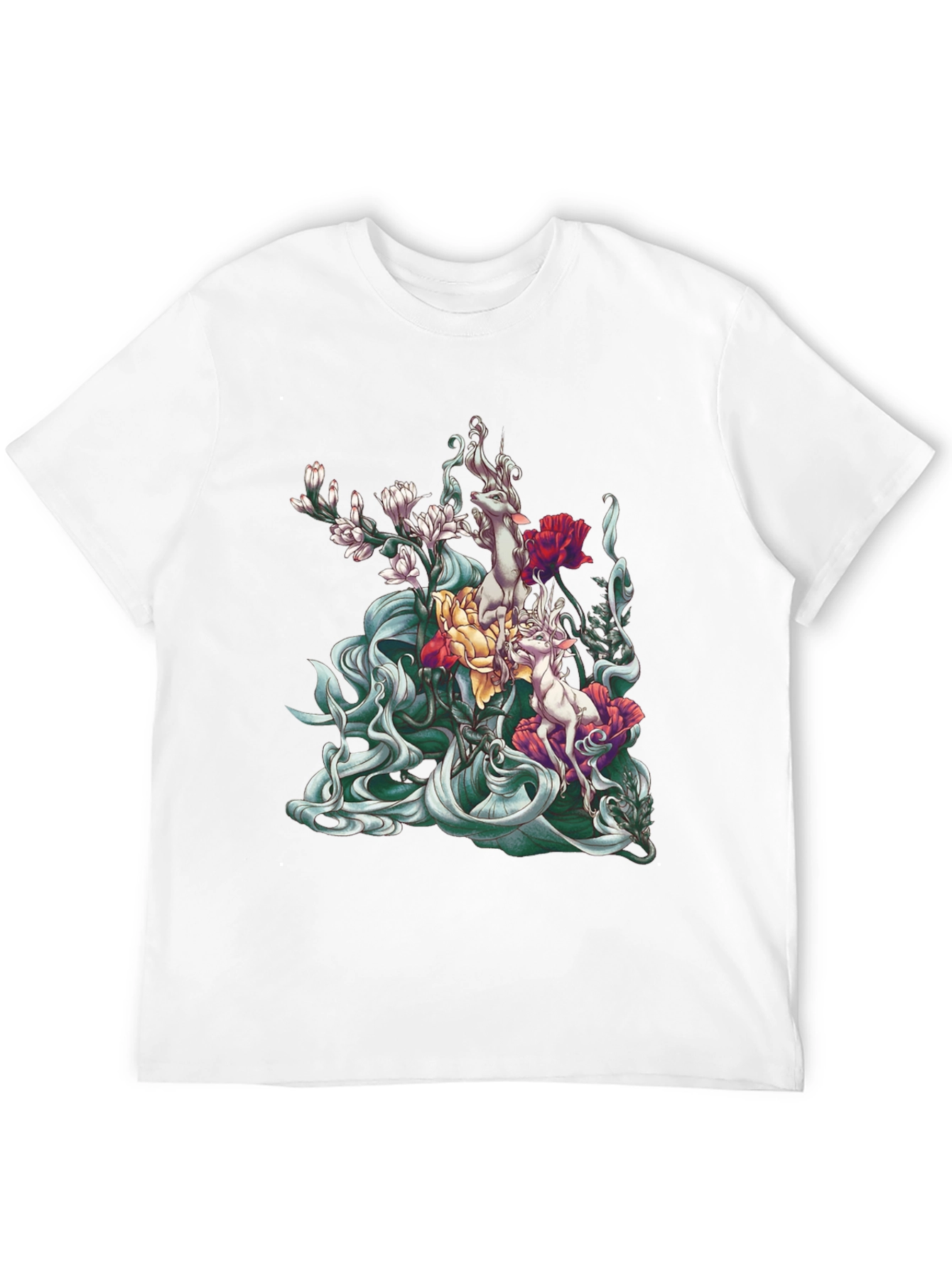 Floral Deer Graphic Tee - Unique Black T-Shirt