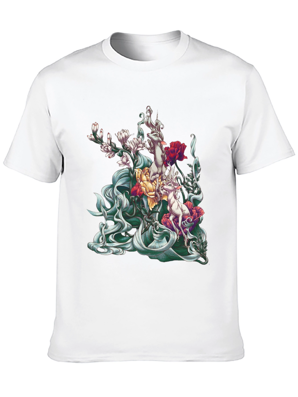 Floral Deer Graphic Tee - Unique Black T-Shirt