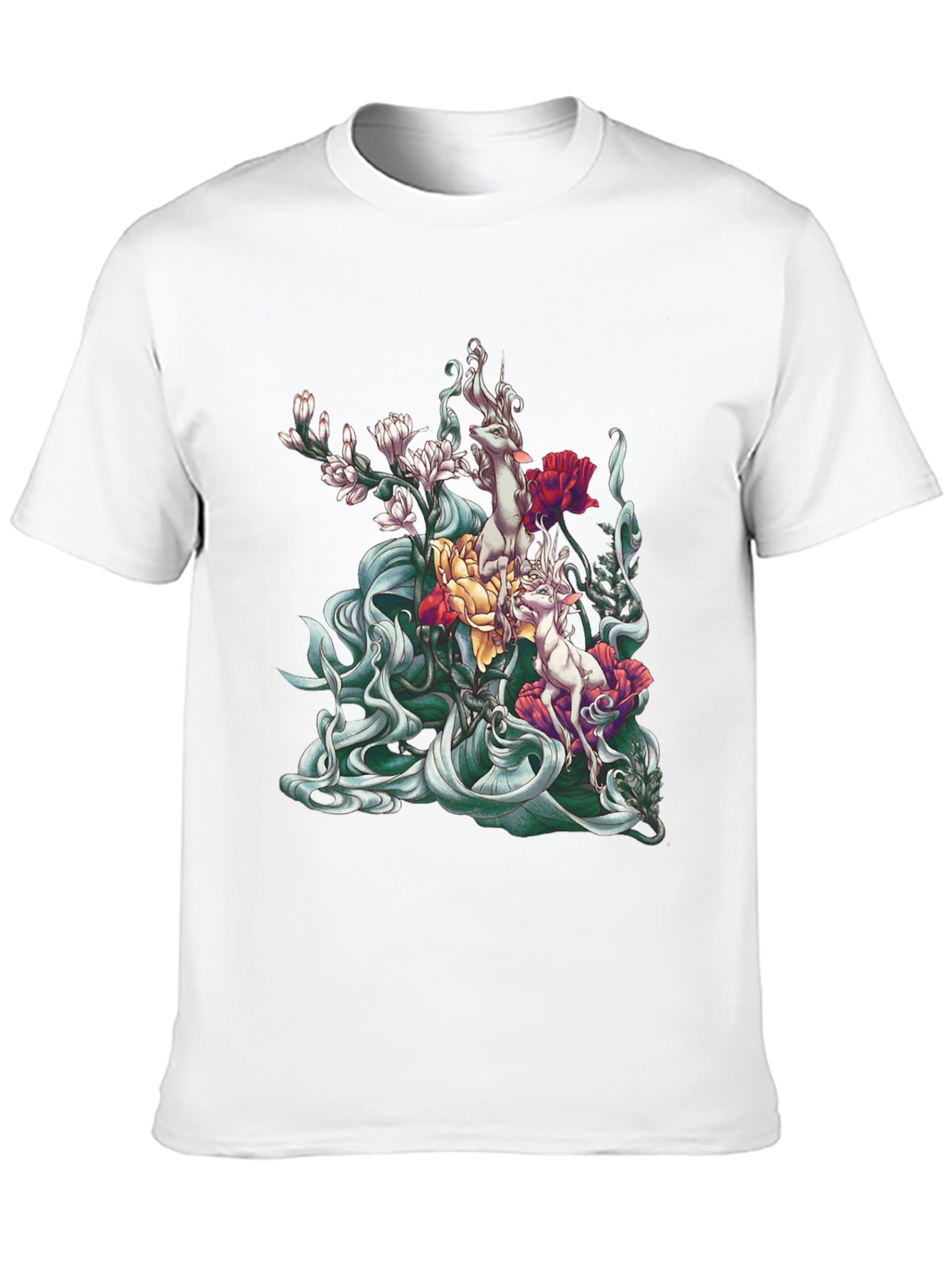 Floral Deer Graphic Tee - Unique Black T-Shirt