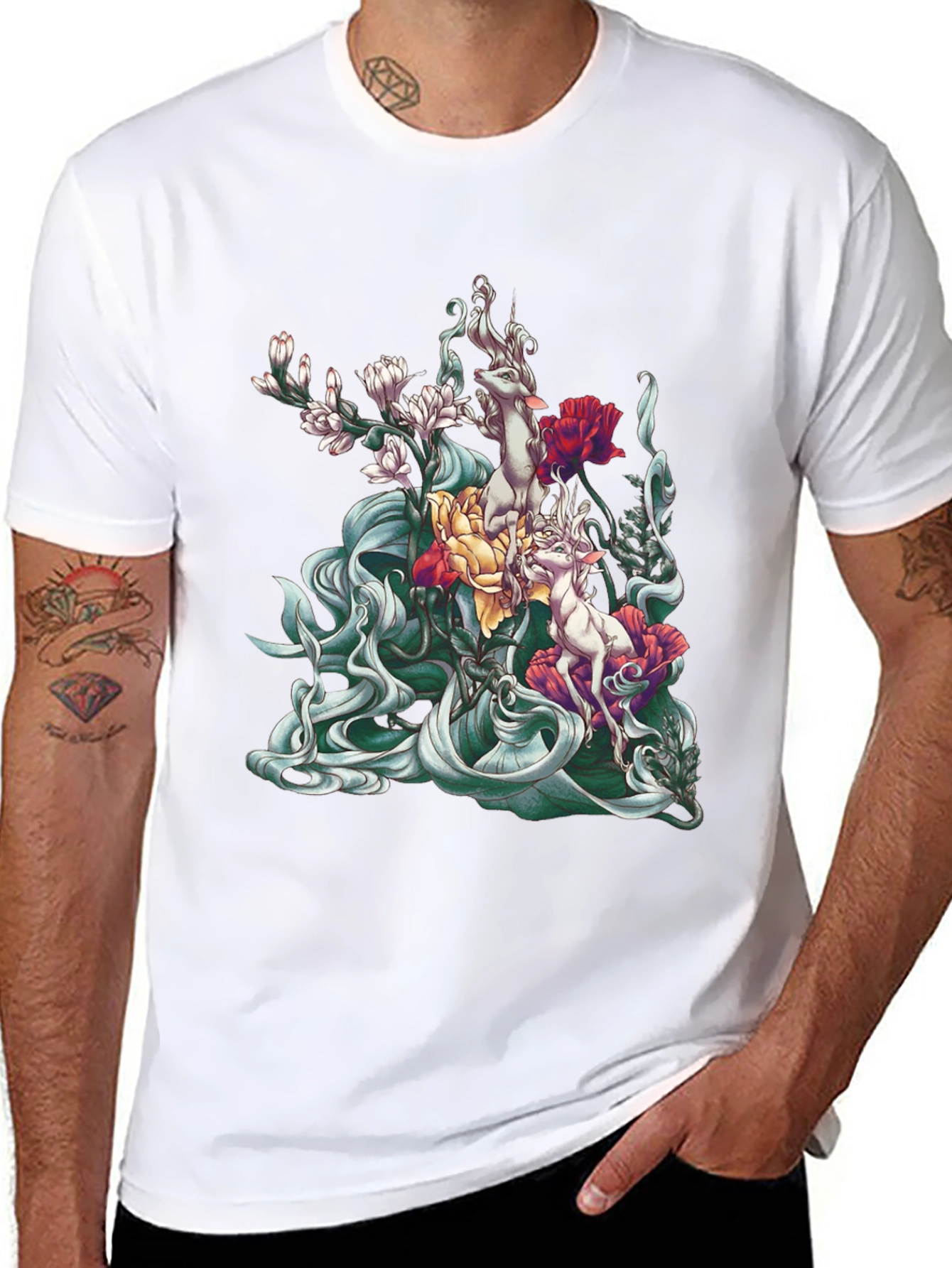 Floral Deer Graphic Tee - Unique Black T-Shirt