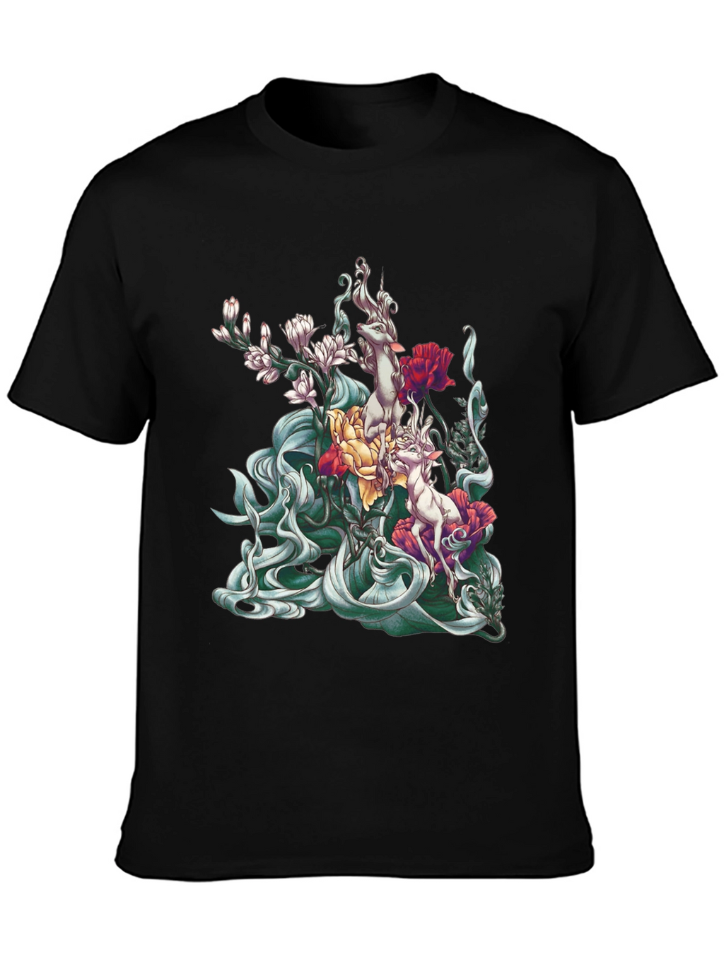 Floral Deer Graphic Tee - Unique Black T-Shirt