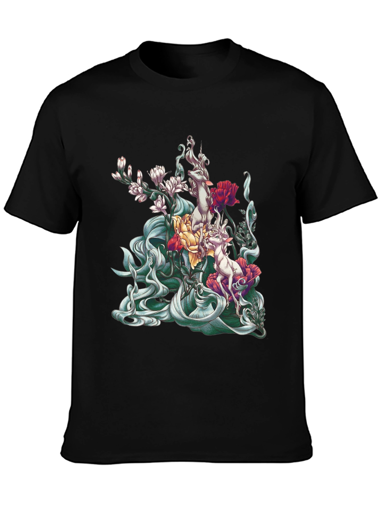 Floral Deer Graphic Tee - Unique Black T-Shirt