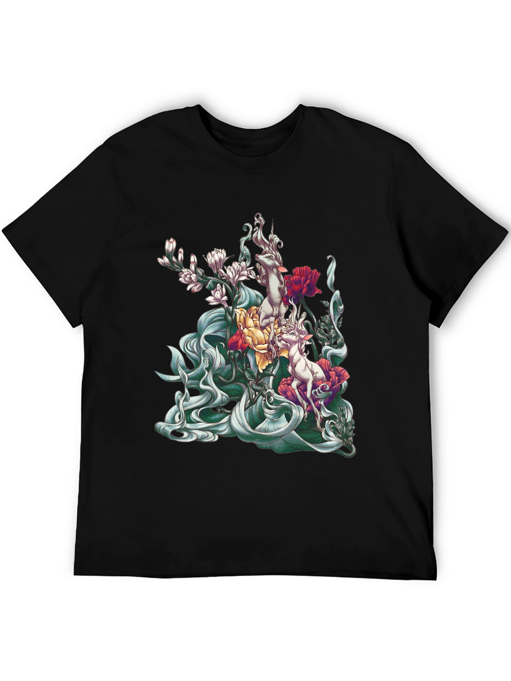 Floral Deer Graphic Tee - Unique Black T-Shirt