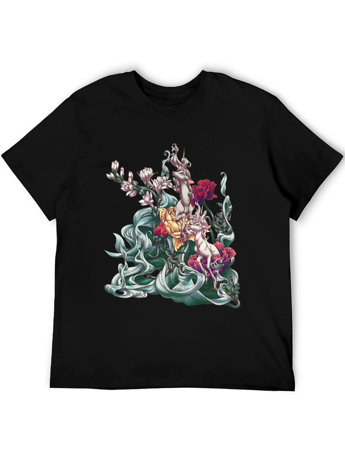 Floral Deer Graphic Tee - Unique Black T-Shirt