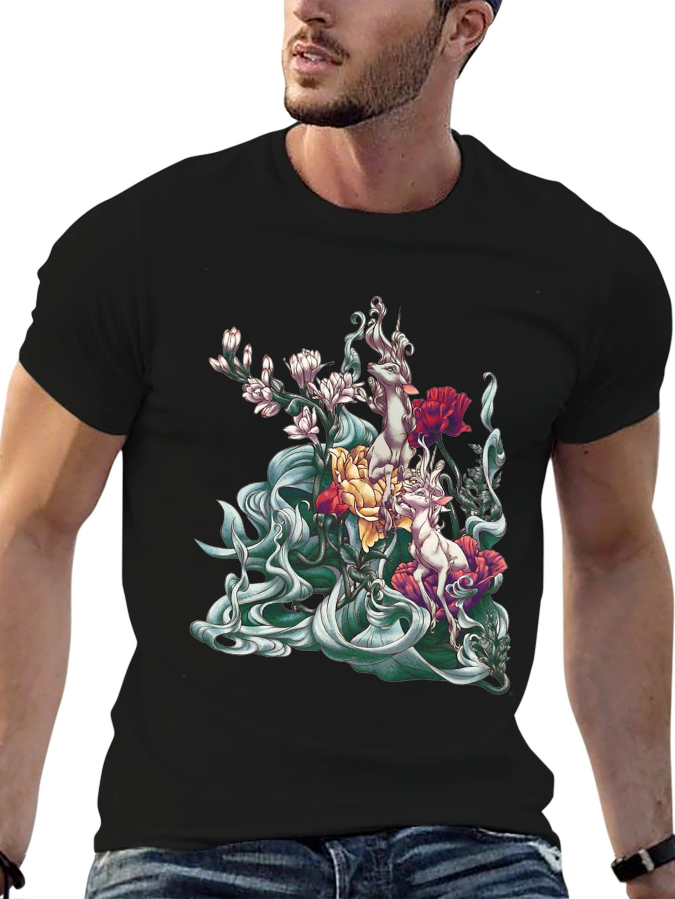 Floral Deer Graphic Tee - Unique Black T-Shirt